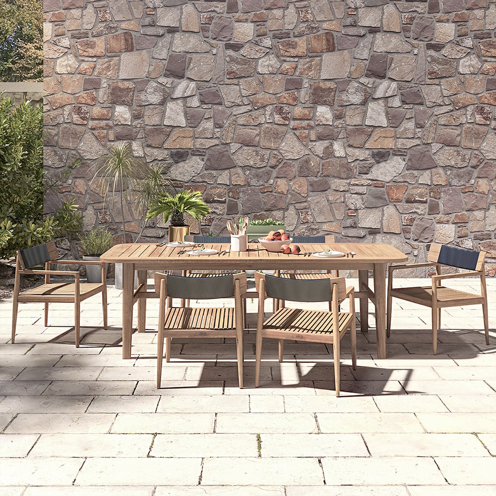 HMR - 7-Pieces Modern Outdoor Dining Set with Wood Table and Chair in Natural