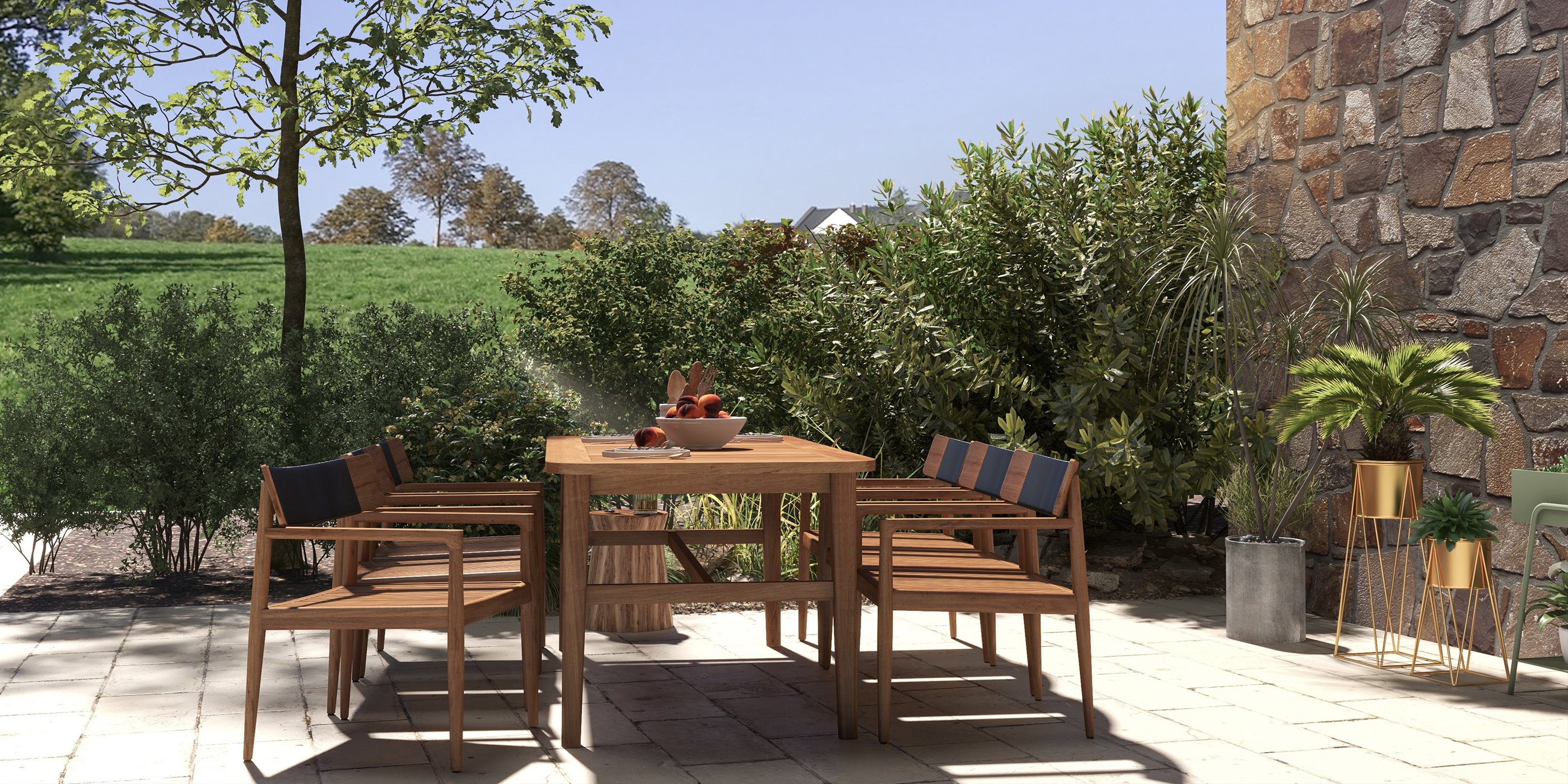 HMR - 7-Pieces Modern Outdoor Dining Set with Wood Table and Chair in Natural