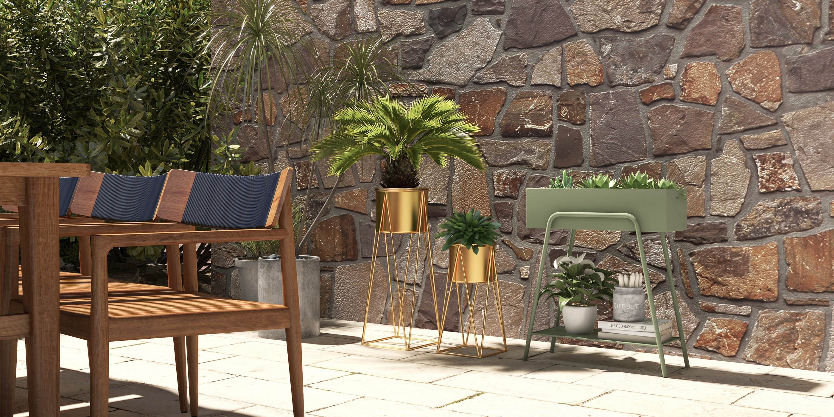 HMR - 7-Pieces Modern Outdoor Dining Set with Wood Table and Chair in Natural