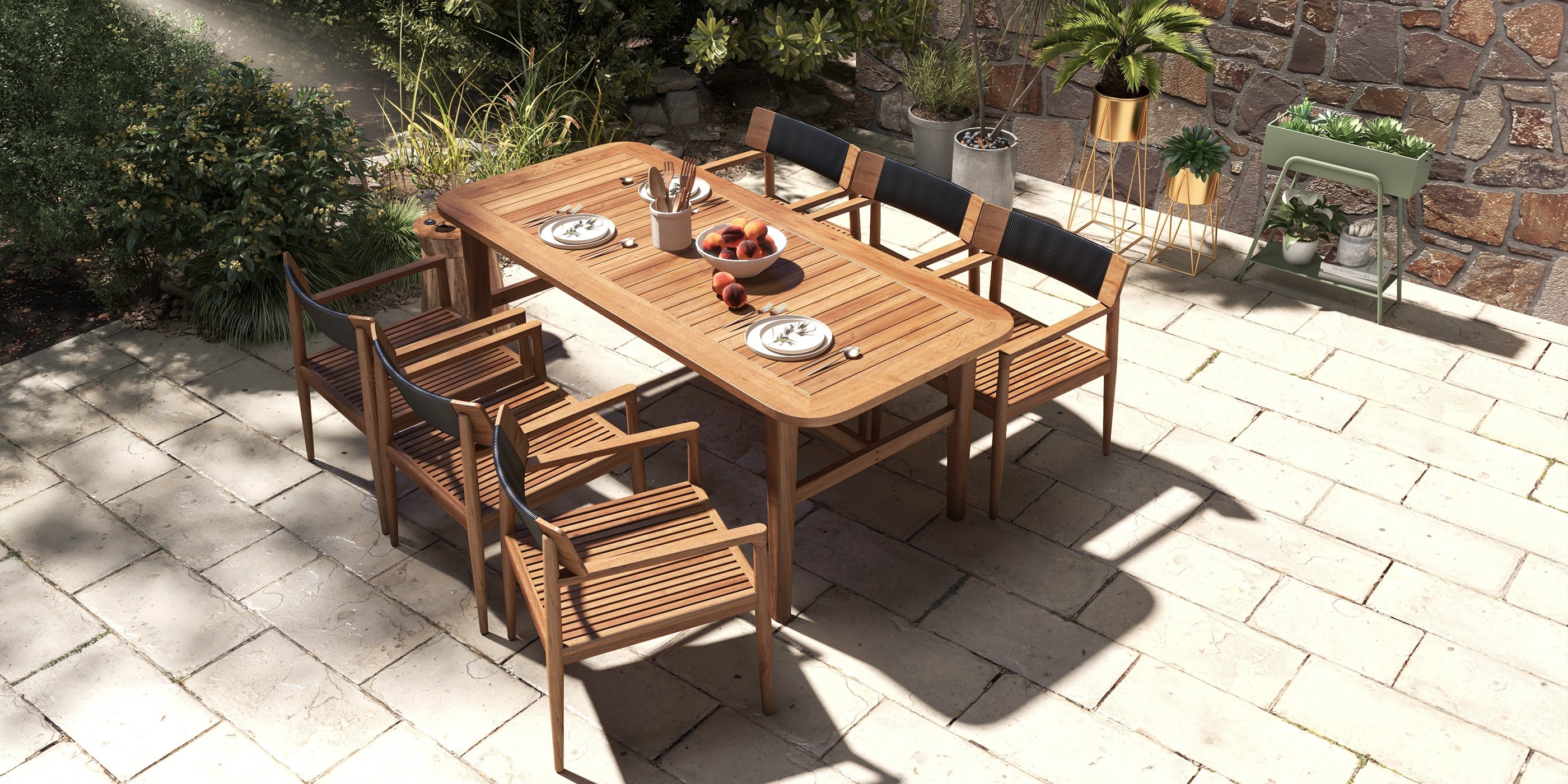 HMR - 7-Pieces Modern Outdoor Dining Set with Wood Table and Chair in Natural
