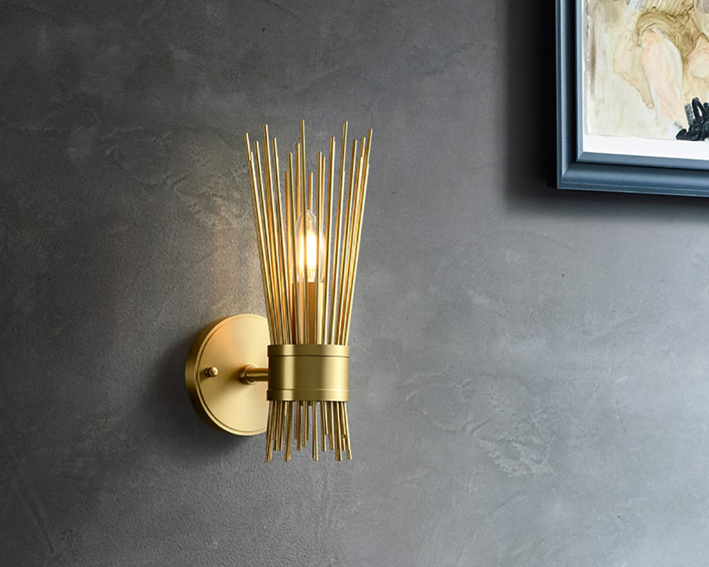 HMR Jella Modern Light Brass Wall Sconce in Wheat-Straw Lampshade - 1-Light
