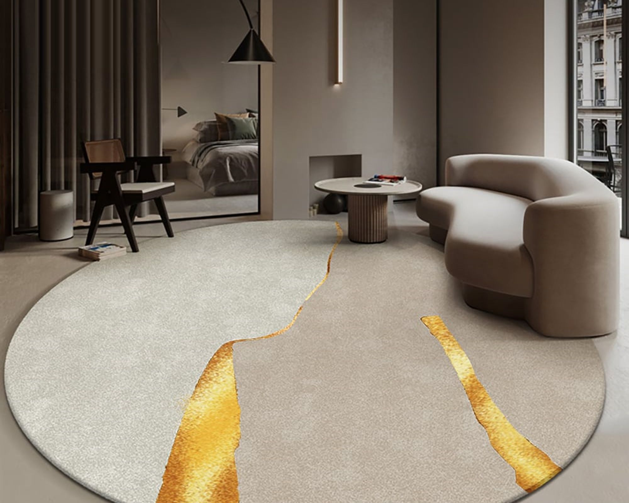 HMR Circular Modern & Creative & Light Luxury Khaki & Yellow Area Rug Nylon Rug - 7' x 7'