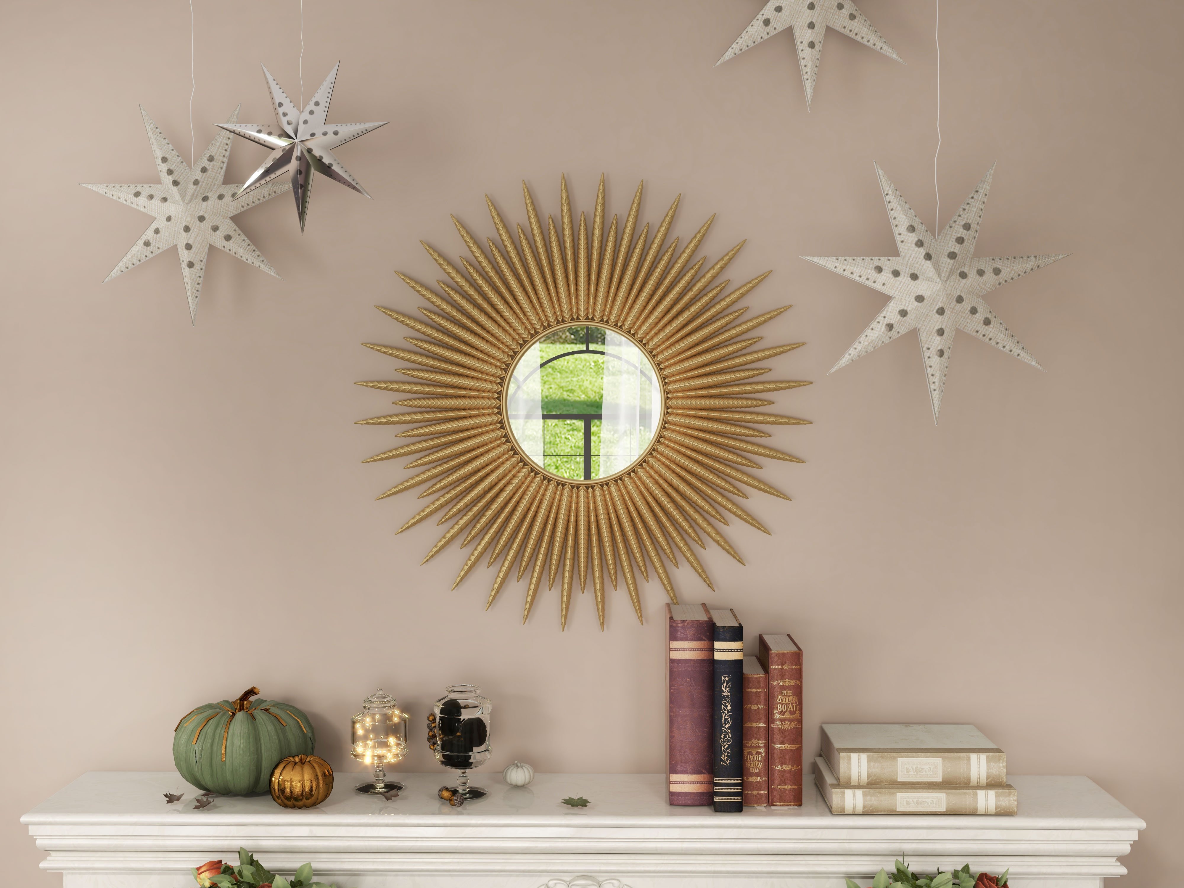 HMR - 33.7" Luxury Creative Gold Sunburst Large Metal Wall Mirror Decor Art for Living Room