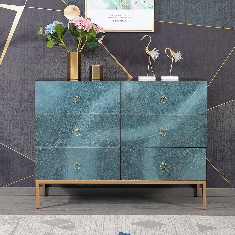 HMR - 47" Blue-Green Dresser Artistic 6-Drawer Bedroom Cabinet in Gold
