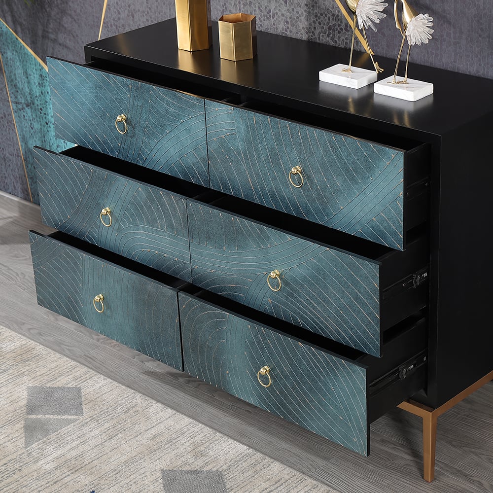 HMR - 47" Blue-Green Dresser Artistic 6-Drawer Bedroom Cabinet in Gold
