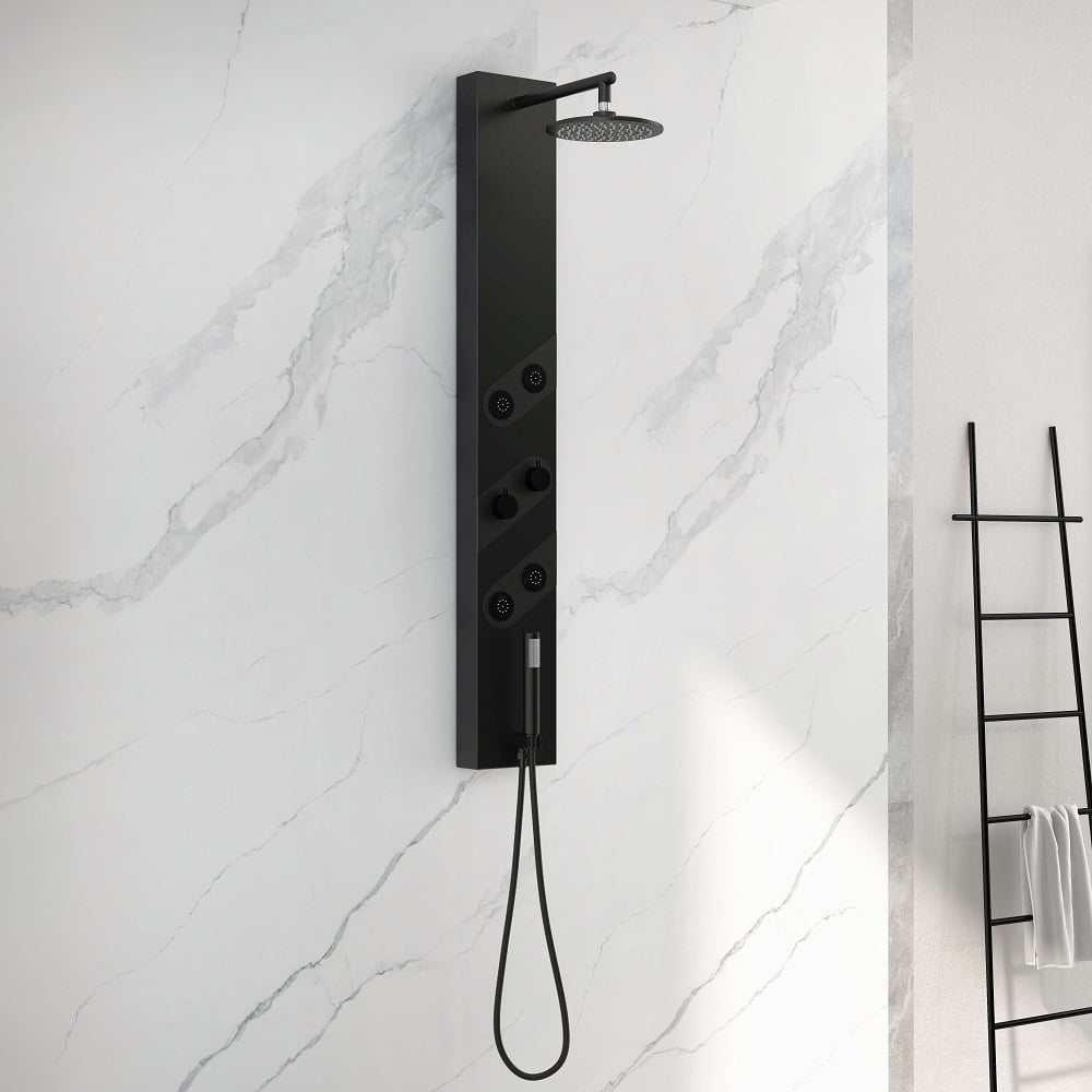 HMR - 55" Black Rainfall Shower Panel with Handheld Shower Adjustable Showerhead & Body Jets