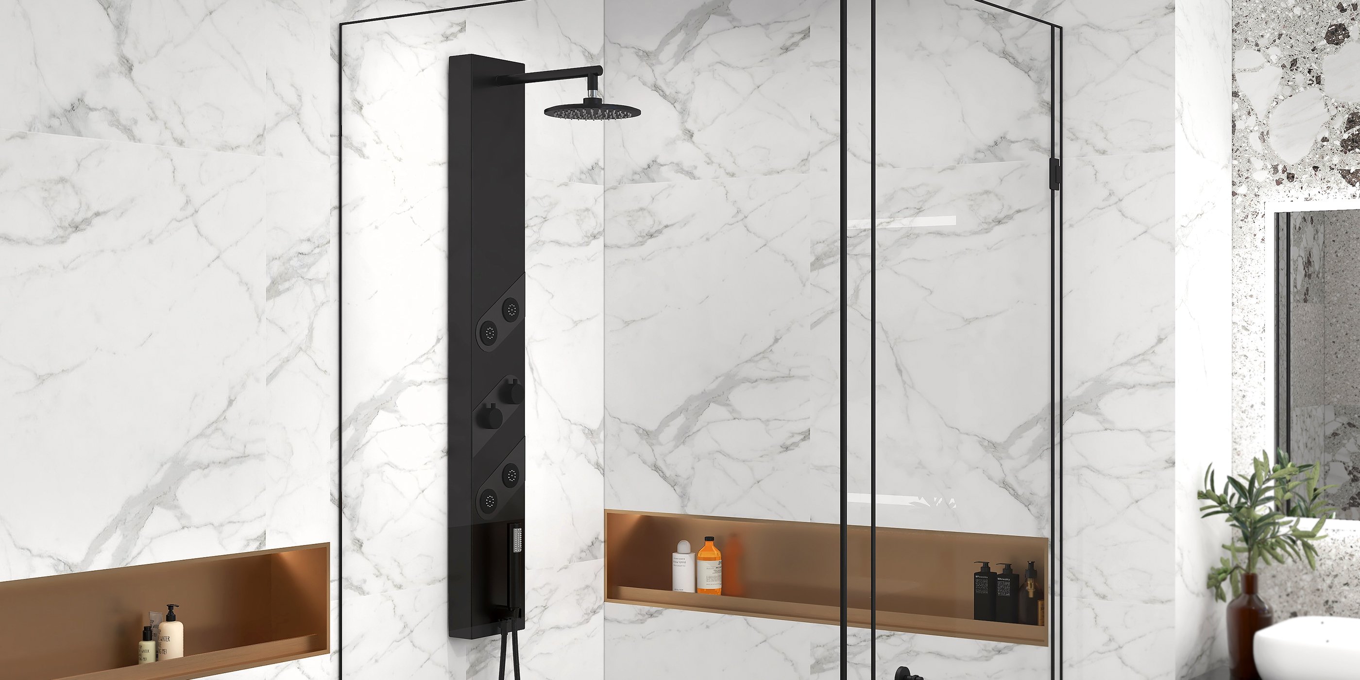 HMR - 55" Black Rainfall Shower Panel with Handheld Shower Adjustable Showerhead & Body Jets