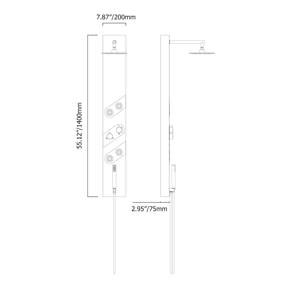 HMR - 55" Black Rainfall Shower Panel with Handheld Shower Adjustable Showerhead & Body Jets