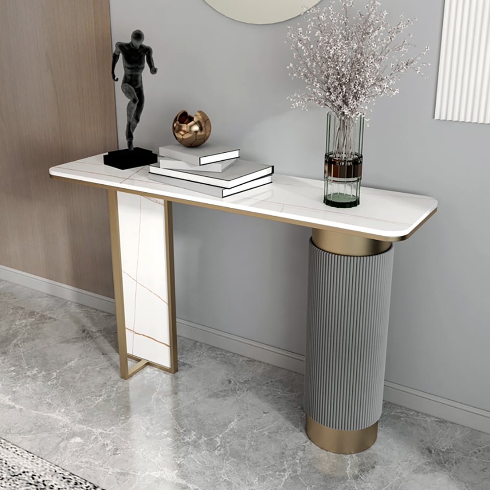 HMR - Modern Entryway Console Table Sintered Stone Top in White and Gold