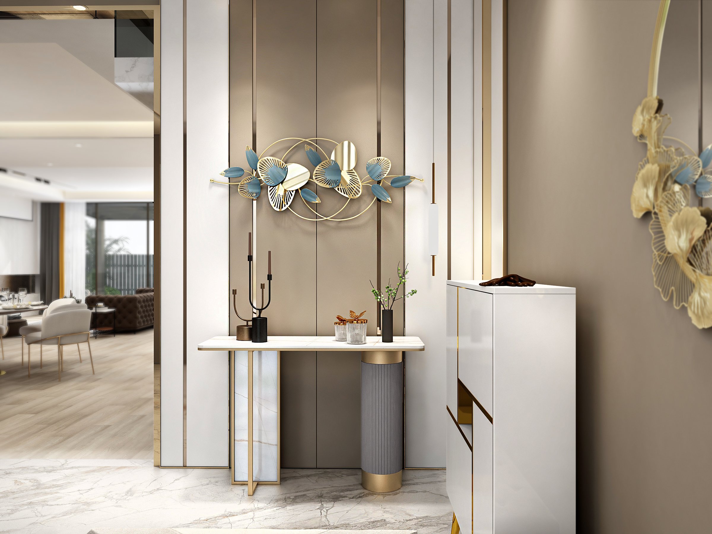 HMR - Modern Entryway Console Table Sintered Stone Top in White and Gold