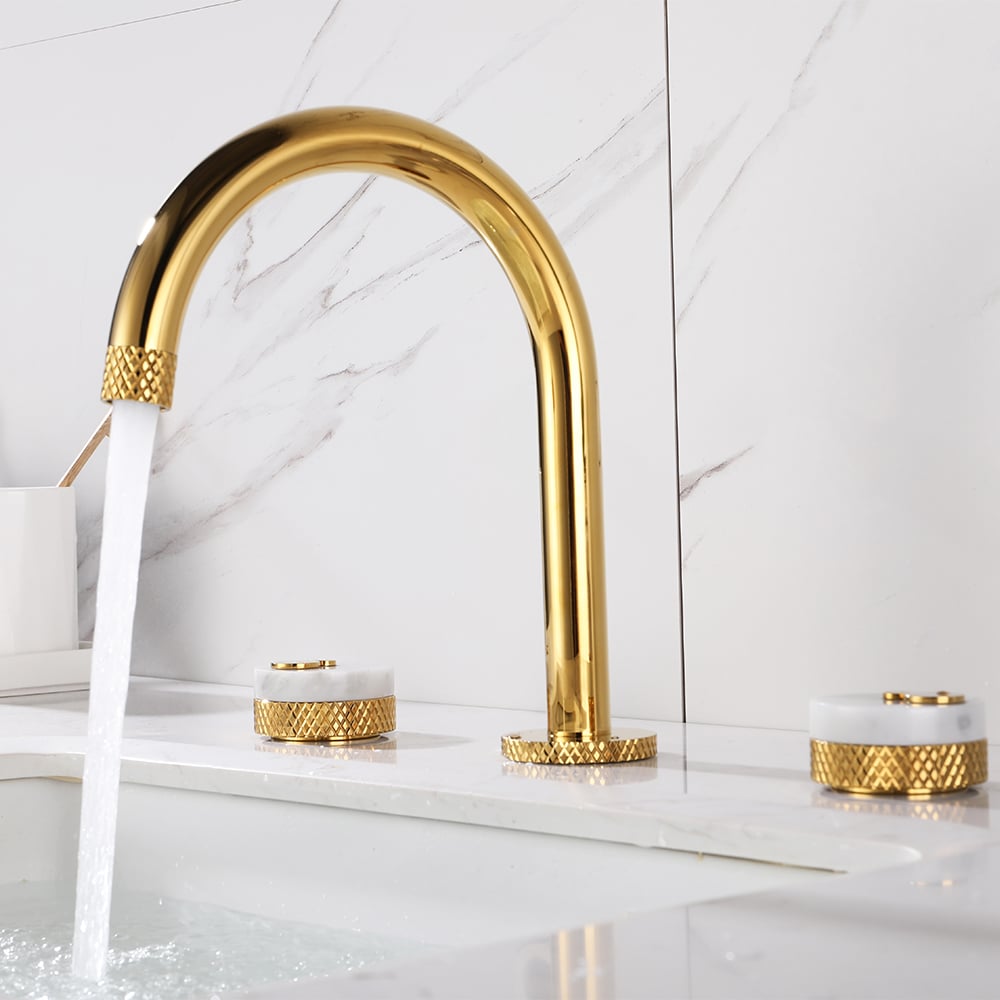 HMR - Gold Aerated Spout Widespread Bathroom Sink Faucet Solid Brass