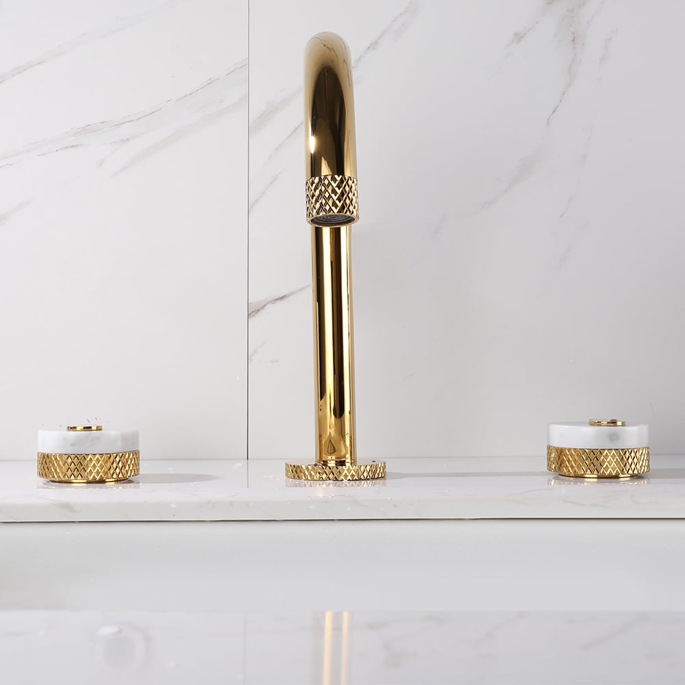HMR - Gold Aerated Spout Widespread Bathroom Sink Faucet Solid Brass