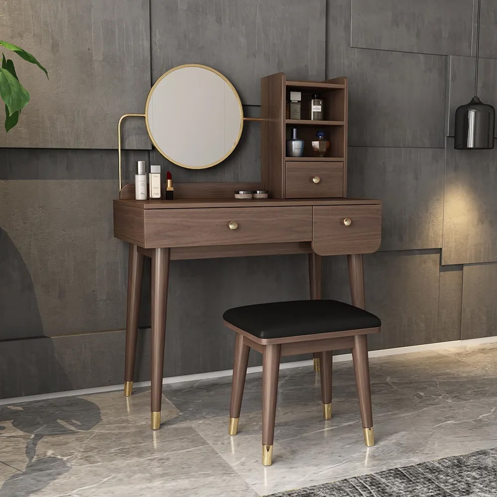 HMR - Ultic 2-Pieces Minimalist Makeup Vanity Set in Walnut with Mirror & Stool