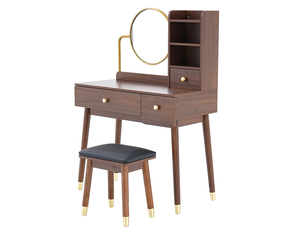 HMR - Ultic 2-Pieces Minimalist Makeup Vanity Set in Walnut with Mirror & Stool