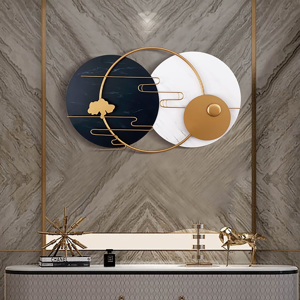 HMR - Modern Round Metal Wall Decor Geometric Decorative Wall Art in White & Black & Gold