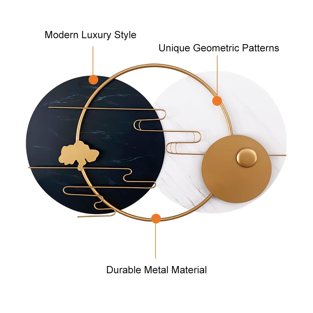HMR - Modern Round Metal Wall Decor Geometric Decorative Wall Art in White & Black & Gold