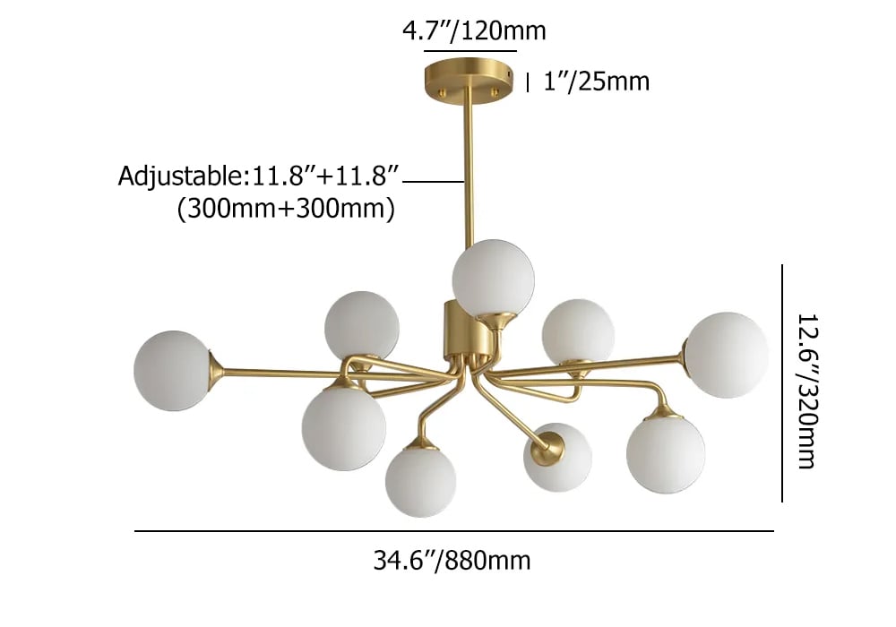 HMR - Modern Brass Sputnik Chandelier 9-Light with Glass Shade for Living Room