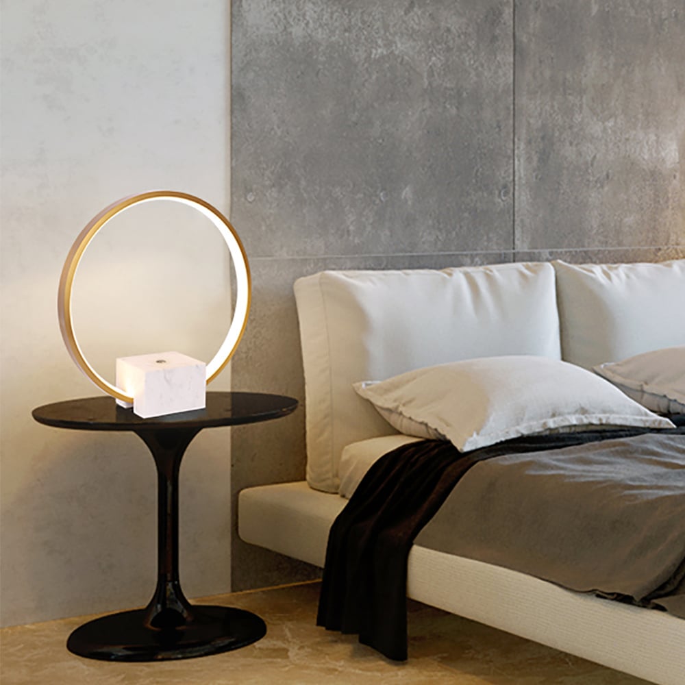 HMR - Modern LED Circle Table Lamp in Gold with White Marble Base
