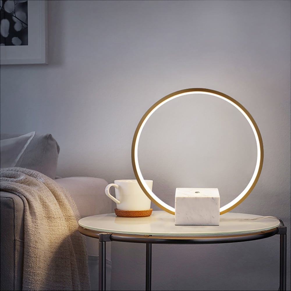 HMR - Modern LED Circle Table Lamp in Gold with White Marble Base
