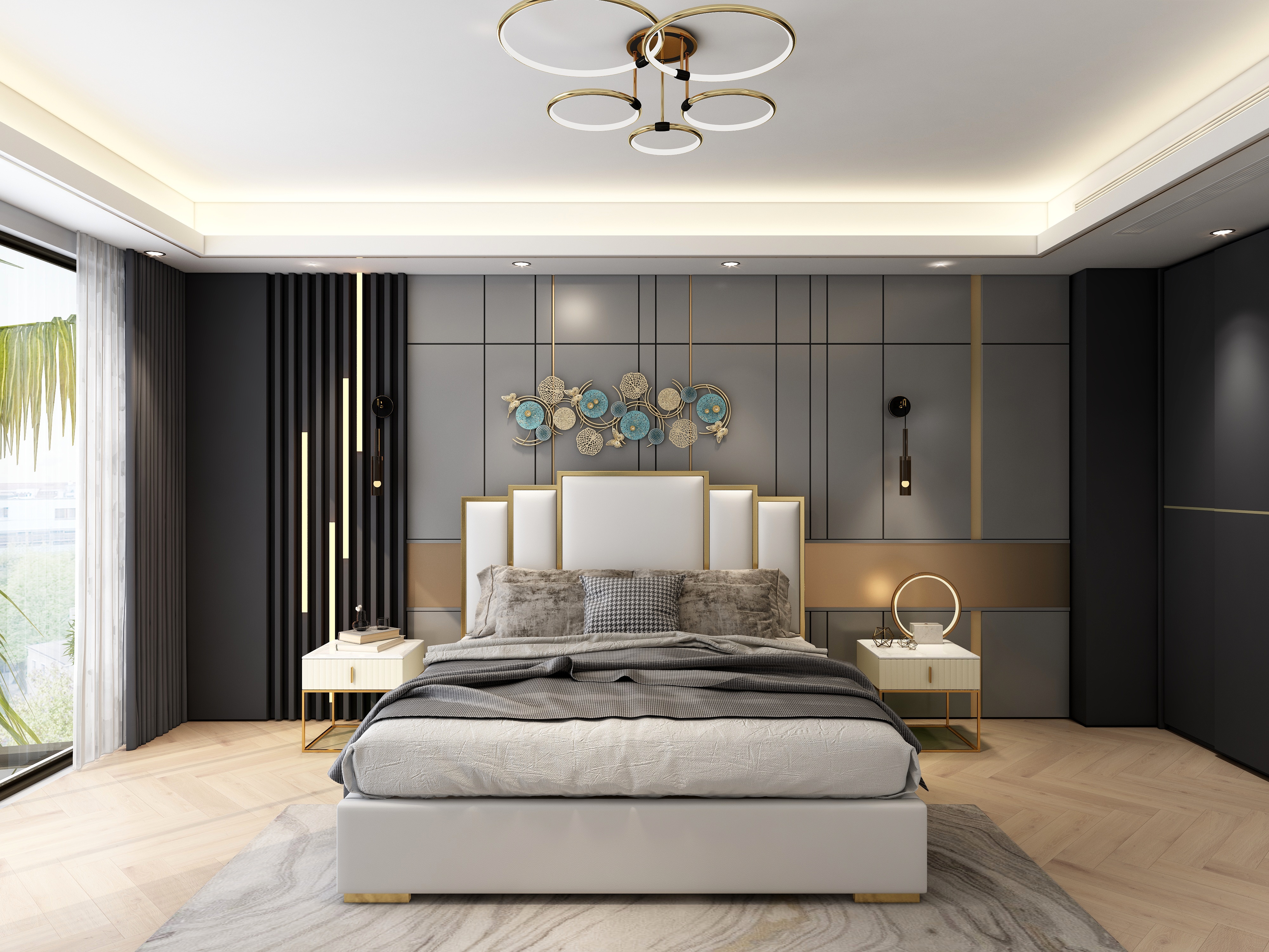 HMR - Modern LED Circle Table Lamp in Gold with White Marble Base