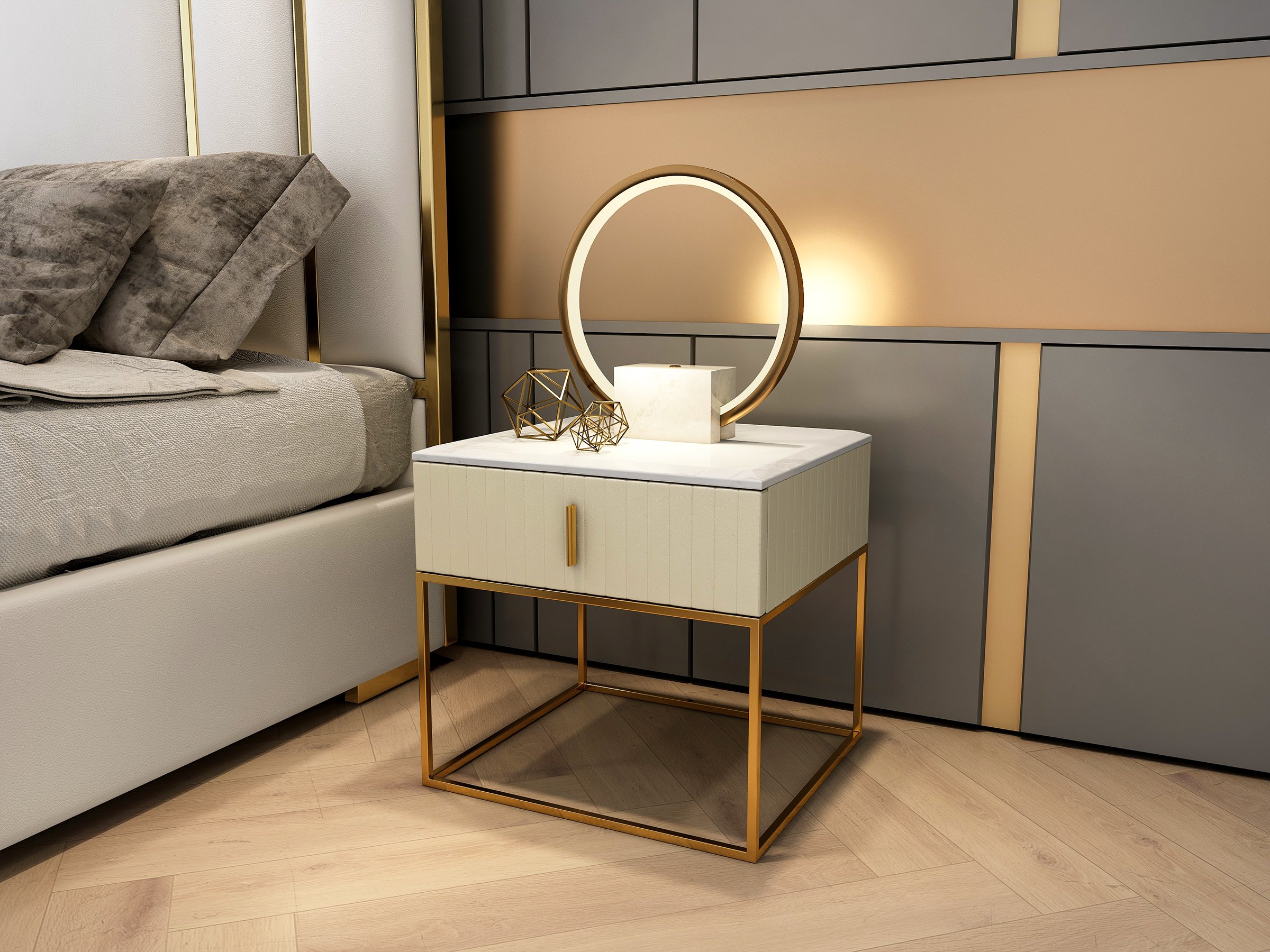 HMR - Modern LED Circle Table Lamp in Gold with White Marble Base
