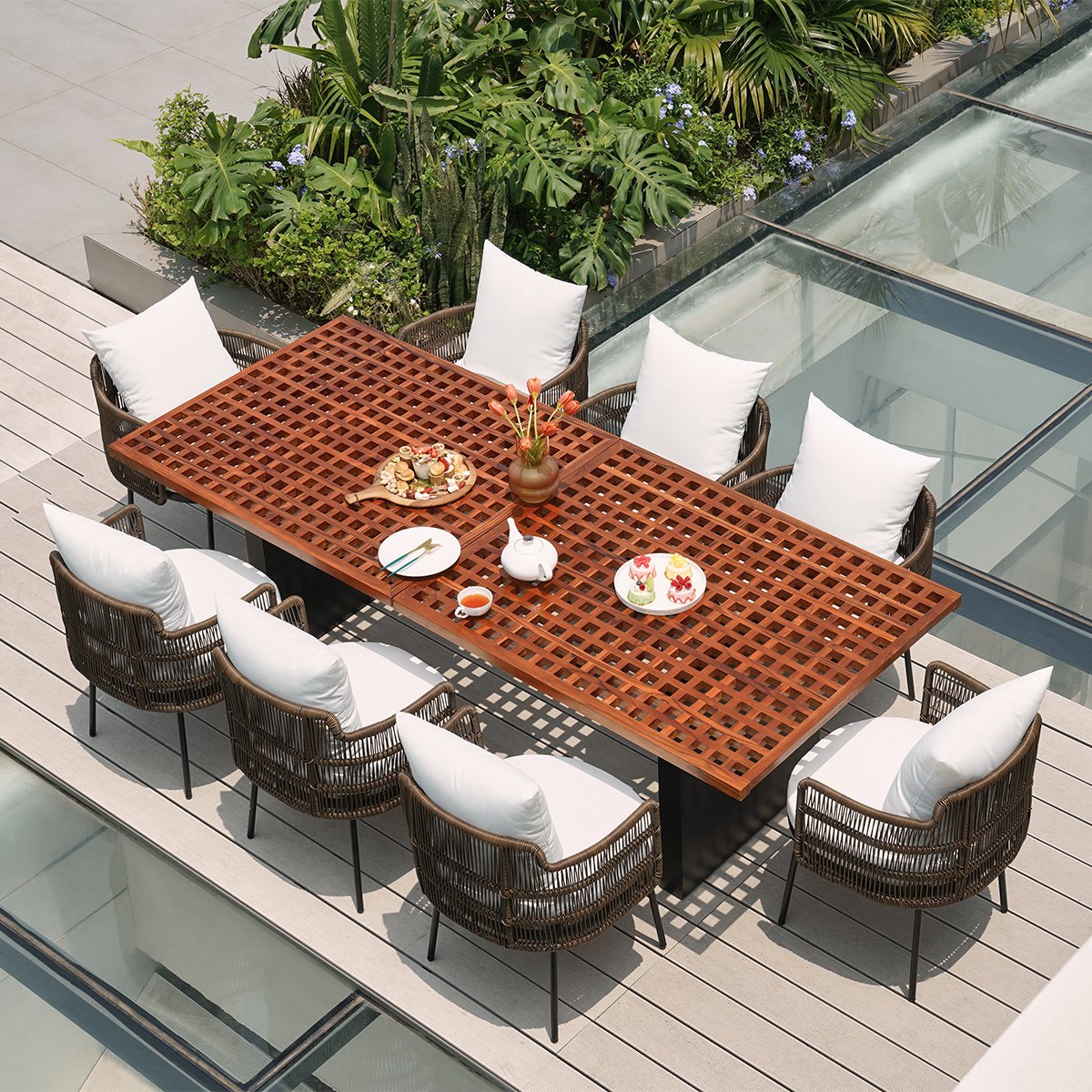 HMR - 94.5" Outdoor Rectangle Hollow Teak Dining Table for 8 Person
