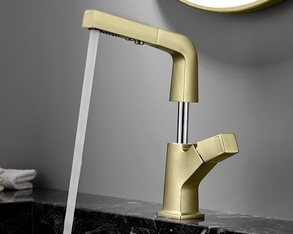 HMR Modern Single Hole Bathroom Sink Faucet Dual Function Pull-Out Spray Faucet - Brushed Gold