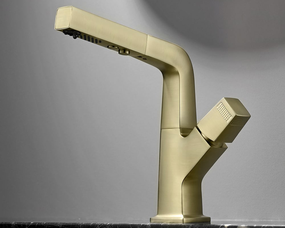 HMR Modern Single Hole Bathroom Sink Faucet Dual Function Pull-Out Spray Faucet - Brushed Gold