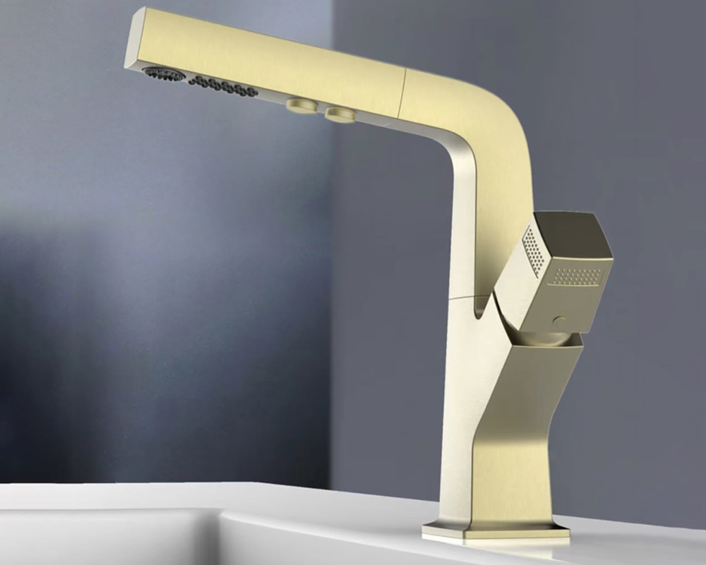 HMR Modern Single Hole Bathroom Sink Faucet Dual Function Pull-Out Spray Faucet - Brushed Gold