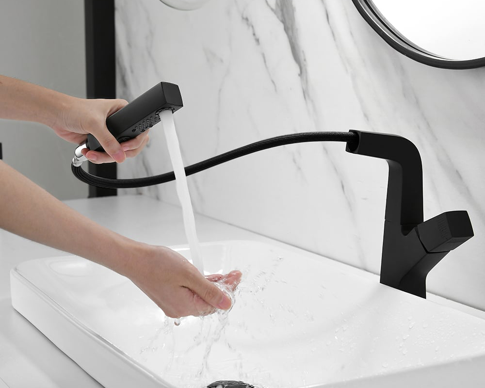 HMR Modern Single Hole Bathroom Sink Faucet Dual Function Pull-Out Spray Faucet - Black