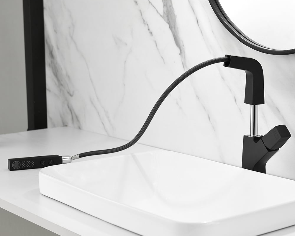 HMR Modern Single Hole Bathroom Sink Faucet Dual Function Pull-Out Spray Faucet - Black