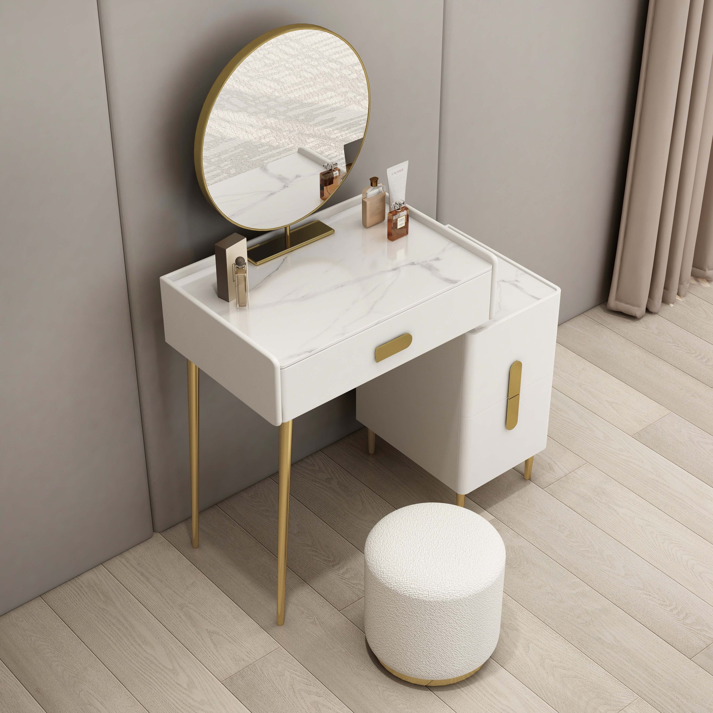 HMR - Inarrow Modern Off-white Makeup Vanity Table with Mirror & Side Table