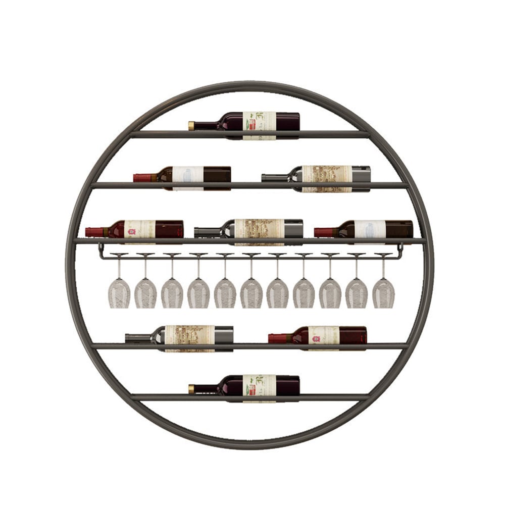 HMR - Modern Metal Black Round Wine Rack Wall Mounted Wine Rack Glass Rack