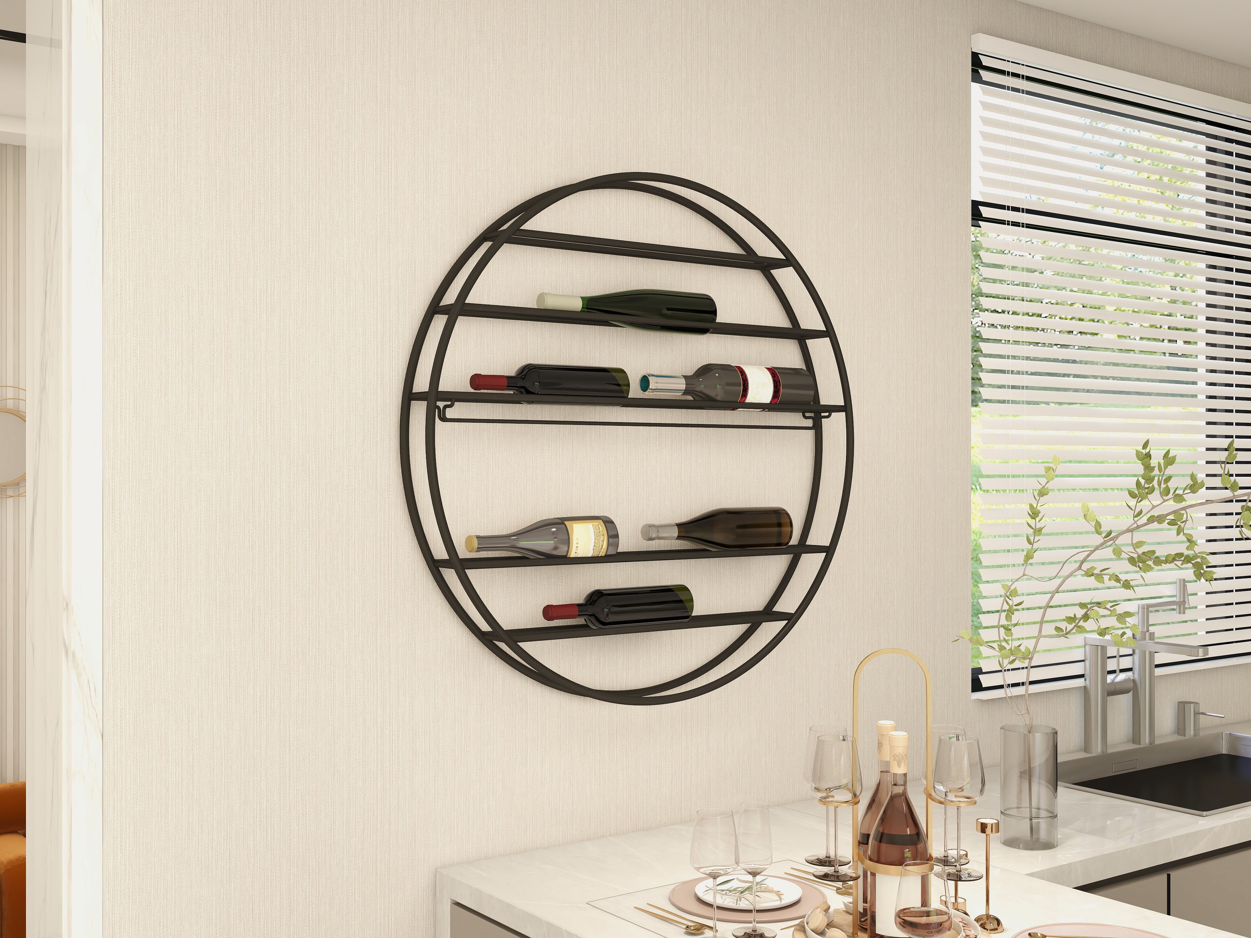 HMR - Modern Metal Black Round Wine Rack Wall Mounted Wine Rack Glass Rack