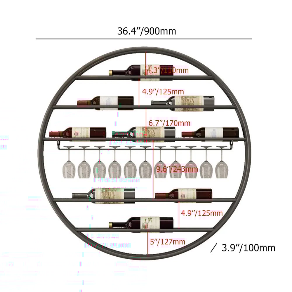 HMR - Modern Metal Black Round Wine Rack Wall Mounted Wine Rack Glass Rack