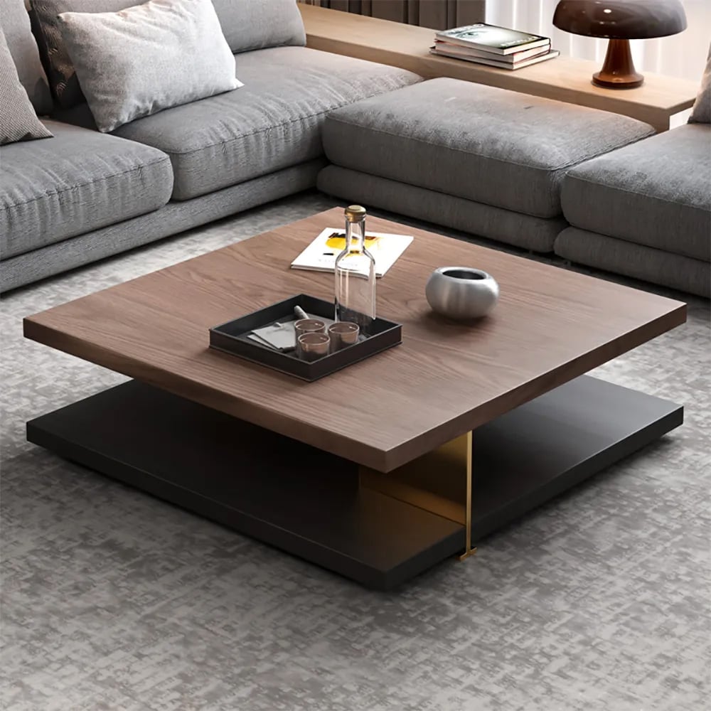 HMR - Industrial Black & Walnut Square Pedestal Coffee Table Solid Wood Accent Table