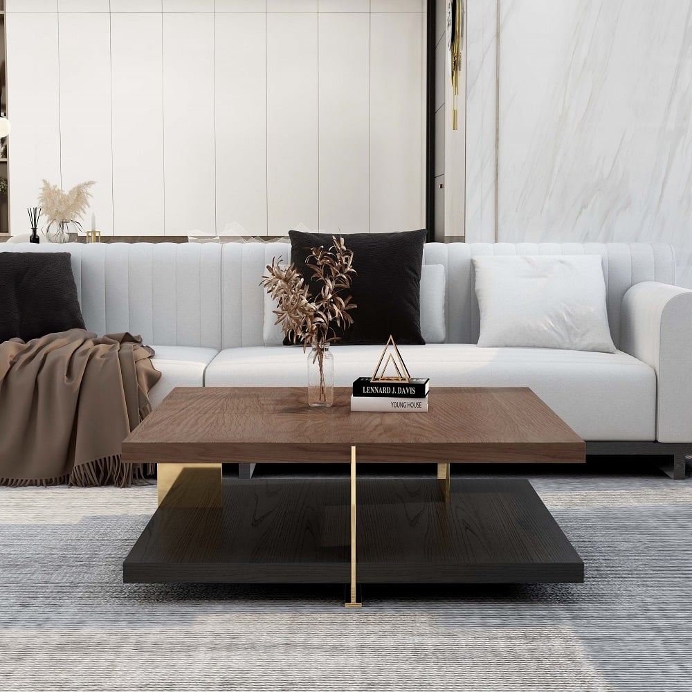 HMR - Industrial Black & Walnut Square Pedestal Coffee Table Solid Wood Accent Table