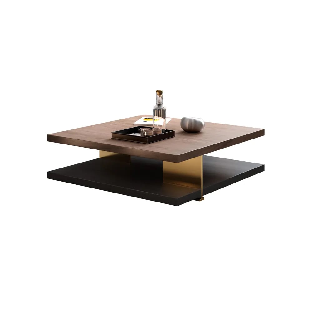 HMR - Industrial Black & Walnut Square Pedestal Coffee Table Solid Wood Accent Table