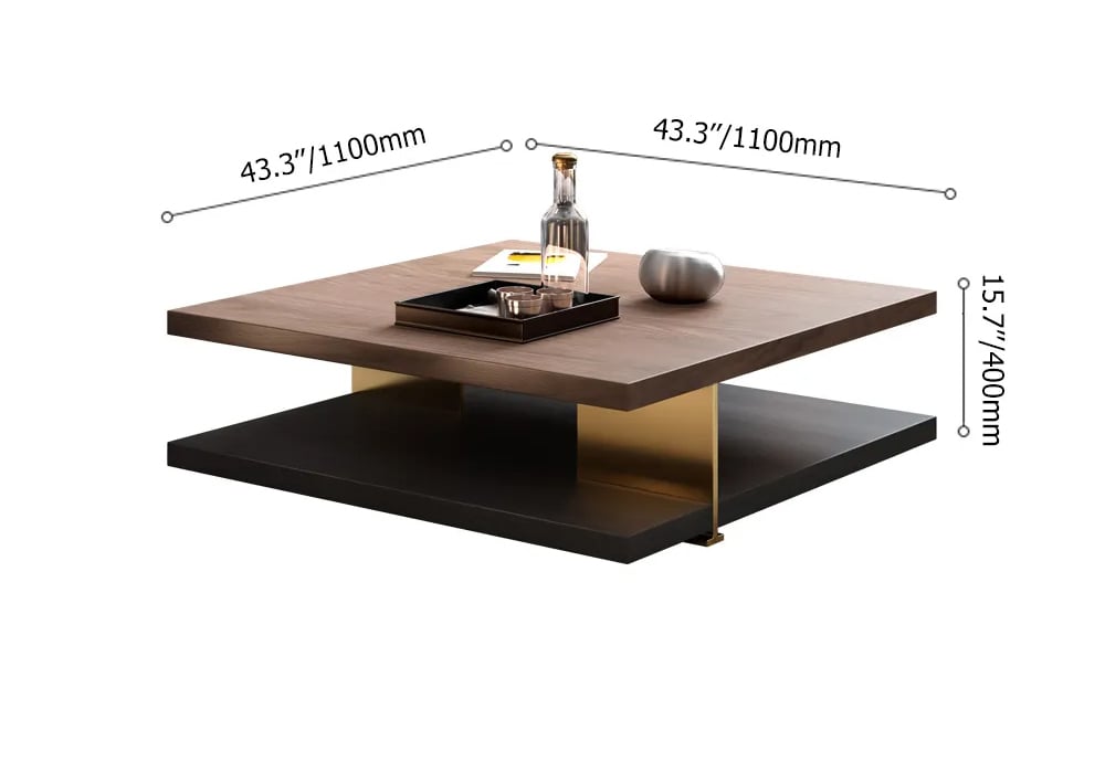 HMR - Industrial Black & Walnut Square Pedestal Coffee Table Solid Wood Accent Table
