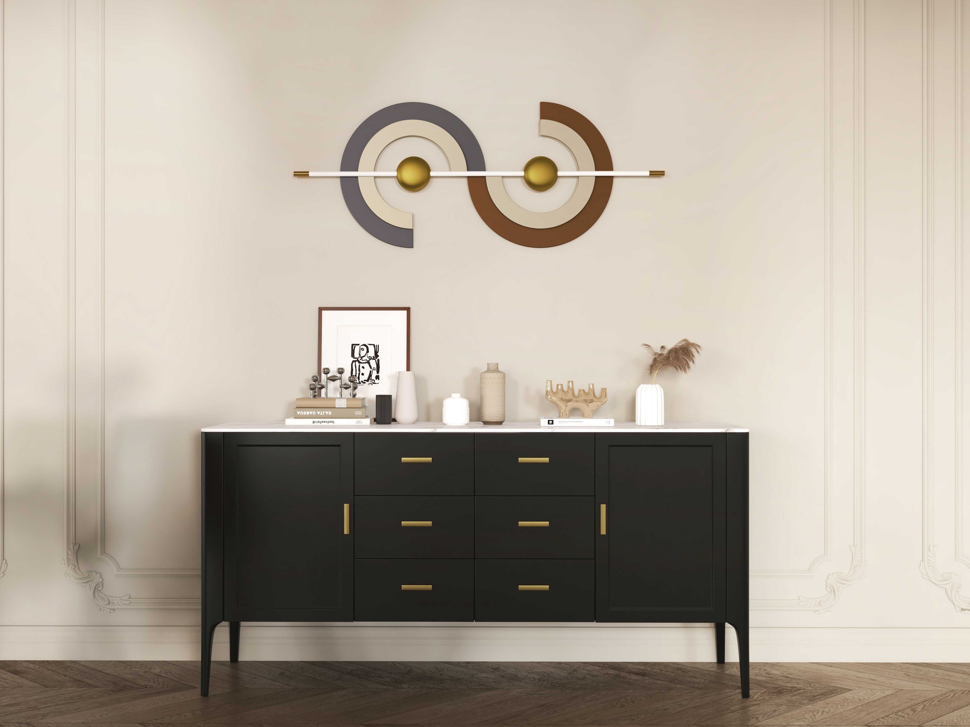 HMR - 47.2" x 17.7" Modern Unique Metal Wall Decor Abstract Wall Art Gray & Gold Living Room