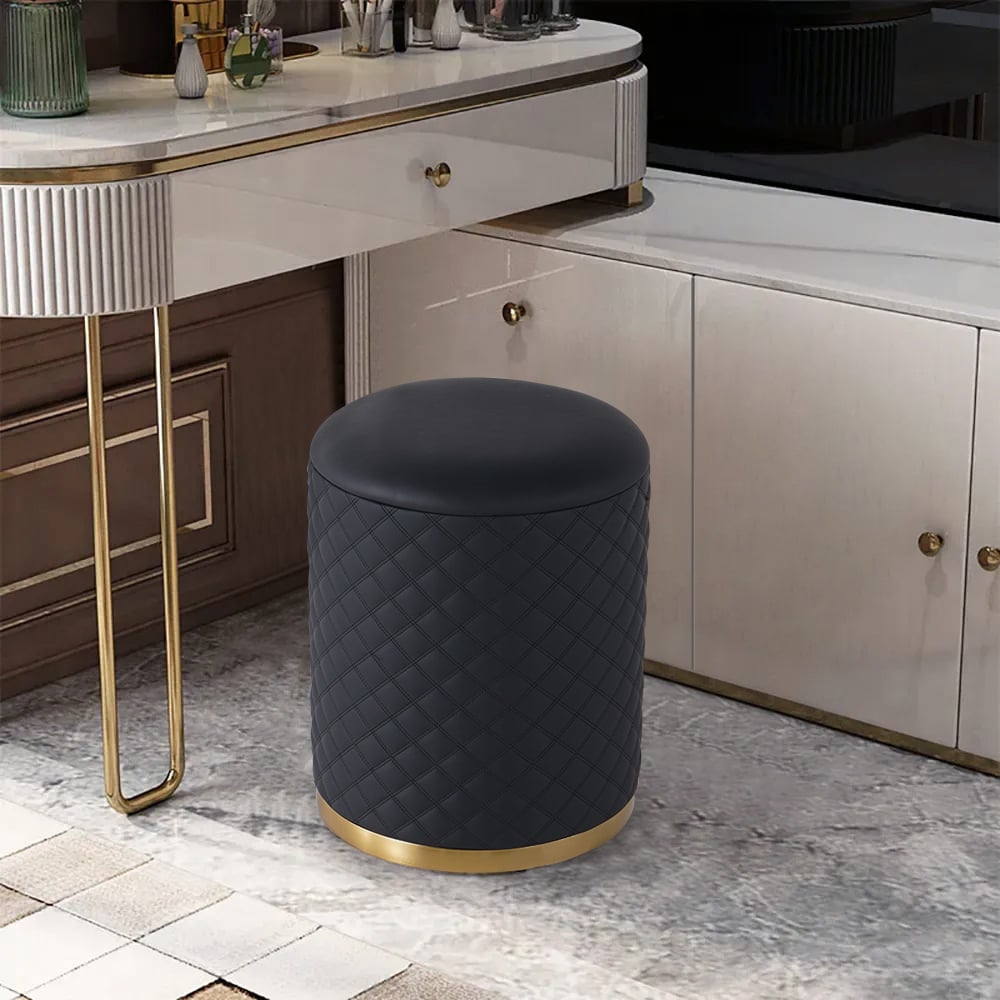 HMR - 15.7" Small Round Vanity Stool PU Leather Upholstered Ottoman Stool in Black