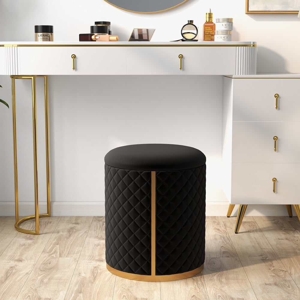 HMR - 15.7" Small Round Vanity Stool PU Leather Upholstered Ottoman Stool in Black