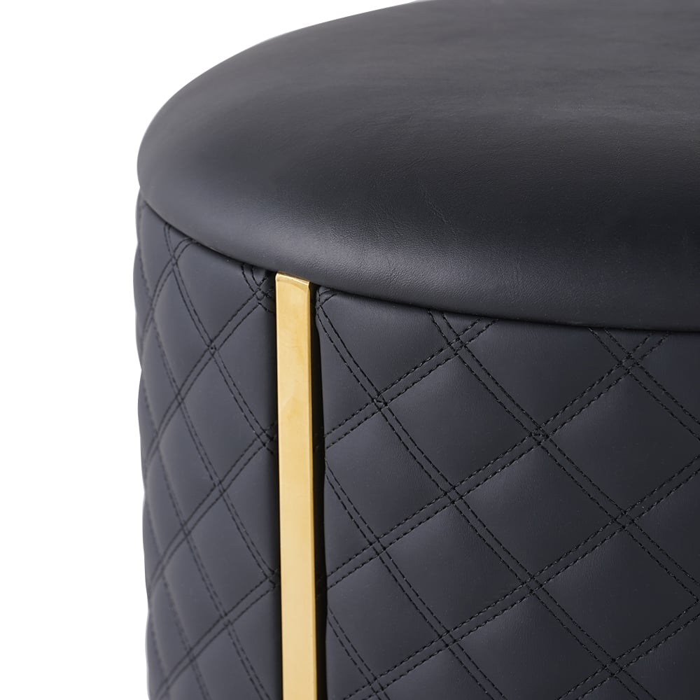 HMR - 15.7" Small Round Vanity Stool PU Leather Upholstered Ottoman Stool in Black