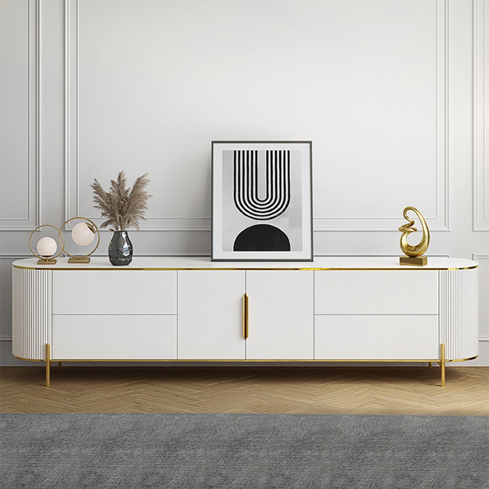 HMR - 86.6" Modern Elegant Oval TV Console with Drawers & Doors in White