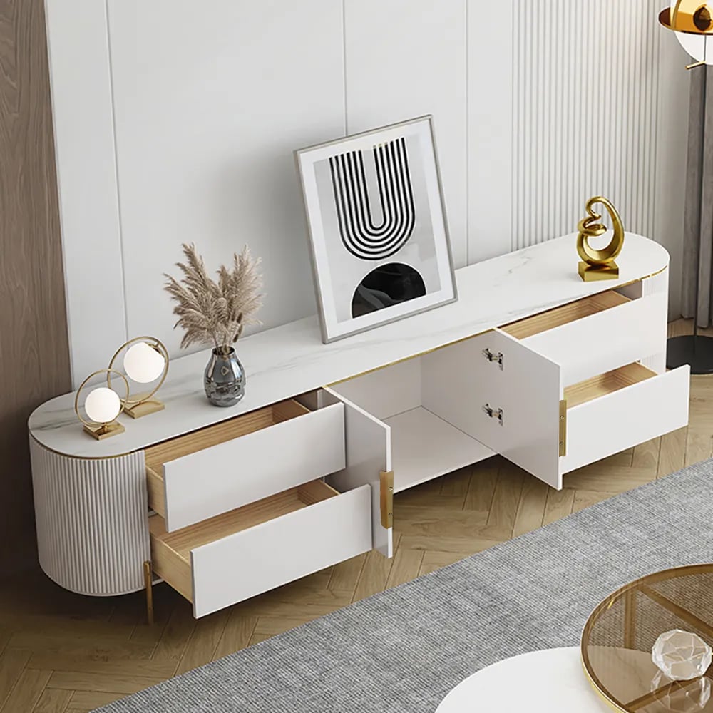 HMR - 86.6" Modern Elegant Oval TV Console with Drawers & Doors in White