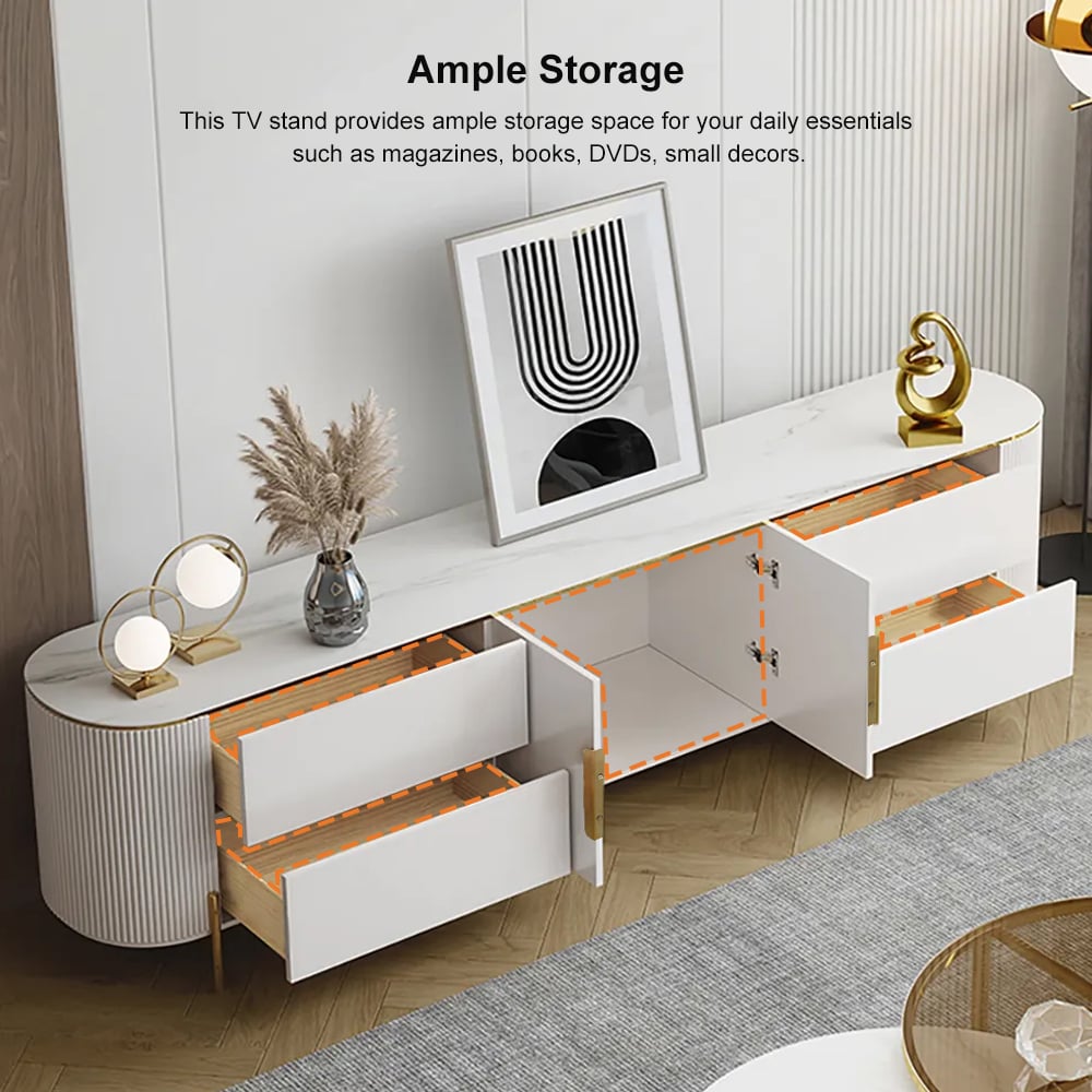 HMR - 86.6" Modern Elegant Oval TV Console with Drawers & Doors in White