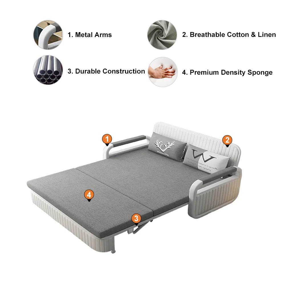 HMR 3-Seater Linen Sleeper Sofa with Trundle - Light Gray, King Size