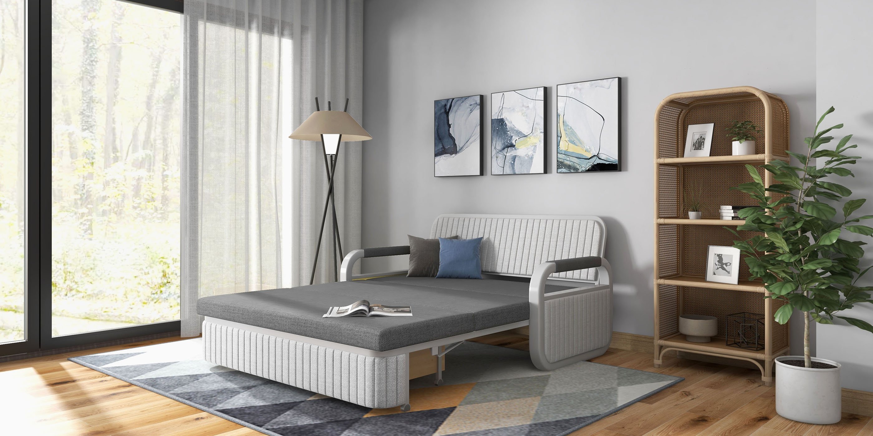 HMR 2-Seater Linen Sleeper Sofa with Trundle - Light Gray, Queen Size