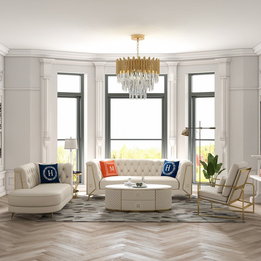 HMR - 3-Piece Modern Living Room Set Chesterfield Sofa with Chaise and Chair in Off-White