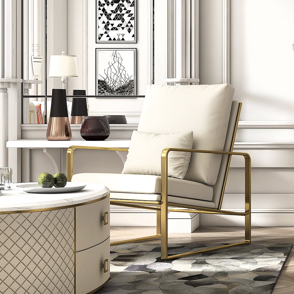 HMR - 3-Piece Modern Living Room Set Chesterfield Sofa with Chaise and Chair in Off-White